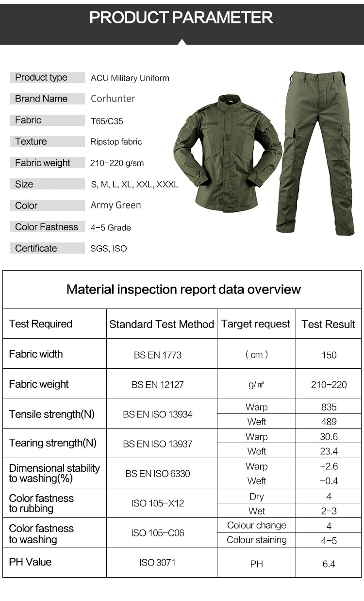 Autumn / Winter High Quality Wholesale Factory Army Green Combat Military Police Office Camo Ceremonial Hunting Tactical Workwear for Men Clothes Acu Uniform